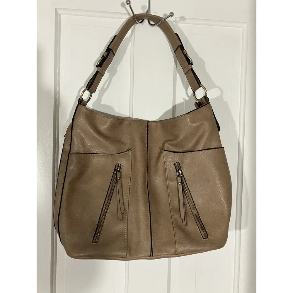 Le Miel Vegan Leather Purse Tote Shoulder Bag Women's Beige Multiple Pockets